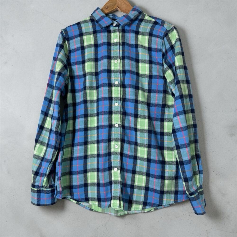 Lands End Women's Plaid Flannel Shirt Size 10 Long Sleeve Blue Green Button Up